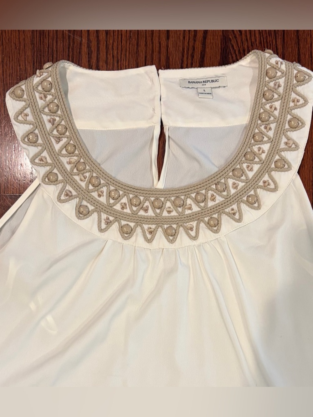 Banana Republic Cream Beaded Bohemian Neckline Sleeveless Top